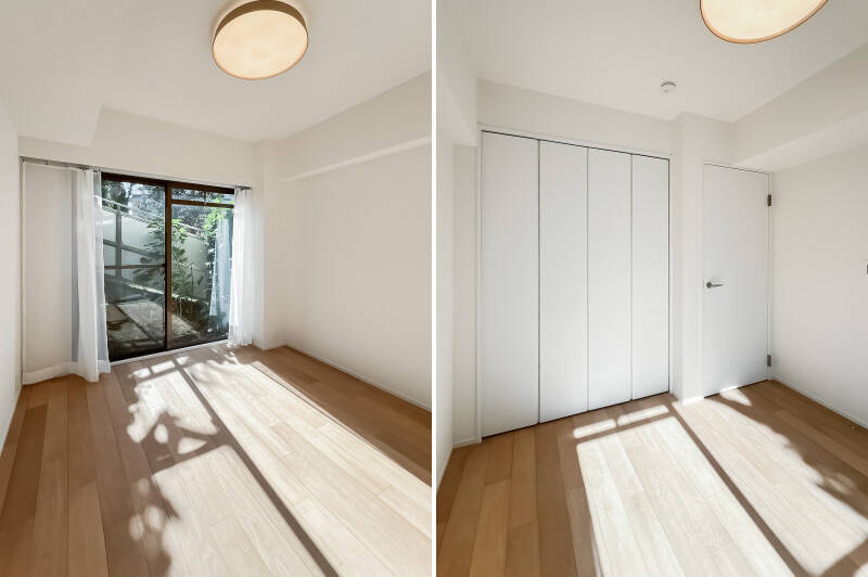 こちらも南向きで日当たりポカポカ。上階のバルコニーの下にあたり、この居室が公園側です。