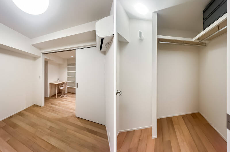 外に面した窓はありませんが、引き戸を開けるとフリースペースとつながります。広いウォークインクローゼット(WIC)が付いていますよ。
