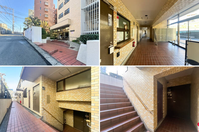 <b>左上・</b>エントランスは線路に面し、やや騒がしい環境。/<b>右上・</b>集合ポストと宅配ボックスが置かれたシンプルな共用ロビー。管理人さんは週6日間勤務されています。/<b>左下・</b>エントランスから共用廊下は実質3階部分に位置し、住戸がある2階にはワンフロア分階段を下ります。/<b>右下・</b>こちらも階段は結構急な印象。ヨチヨチ歩きのお子さまは手すりを使って上り下りするのがよさそうです。 玄関前にはアルコーブが設けられ、廊下から見えないのがいいですね。
