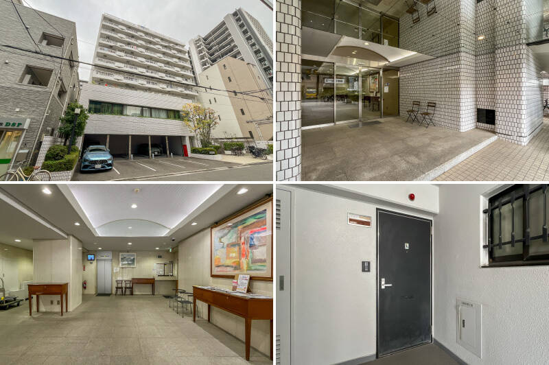 <b>左上・</b>1982年築、全57戸。大通りから離れた位置に建っています。／<b>右上・</b>エントランスの天井は鏡面仕上げ！／<b>左下・</b>エントランスには絵画が飾られています。管理人さんは平日午前中に勤務。エレベーターで住戸のある7階まで。／<b>右下・</b>こちらが玄関ドアです。