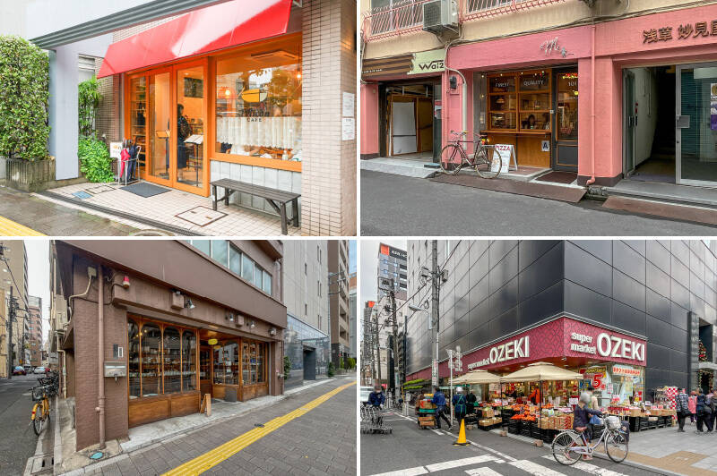 <b>左上・</b>国際通り沿いにある「ペリカンカフェ」（徒歩3分）。同じ通り沿いにある昭和17年創業の老舗ベーカリー「パンのペリカン」が運営しています。／<b>右上・</b>度々メディアに取り上げられる、NYスタイルの「Maple Pizza」。（徒歩5分）／<b>左下・</b>寿三丁目の交差点近くに位置する「道具屋nobori」。外観から素敵な香りがぷんぷんしています！（徒歩4分）／<b>右下・</b>雷門通り沿いにある「オオゼキ 浅草雷門店」。いつもすごい賑わいです。（徒歩8分）