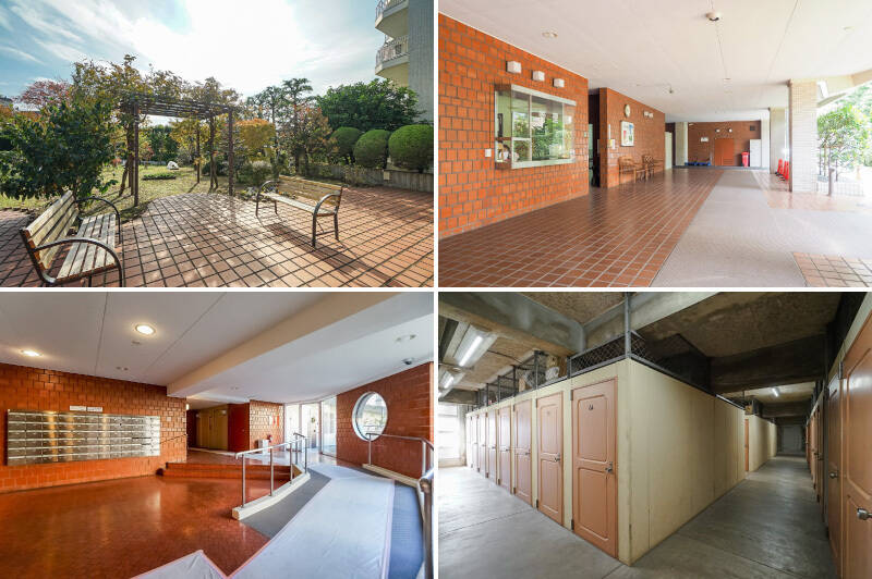 <b>左上・</b>広い敷地内は丁寧にお手入れされた植栽で彩られています。花壇や菜園のあるくつろぎスペースも。／<b>右上・</b>管理人さんは手厚い週7日・24時間有人管理体制です。／<b>左下・</b>丸い窓やレンガ風タイルがレトロ可愛いホール。／<b>右下・</b>物件には月額150円で利用できるトランクルームが付属します。自然光が入る明るい空間で、ひとつひとつが頼もしい収納容量です◎