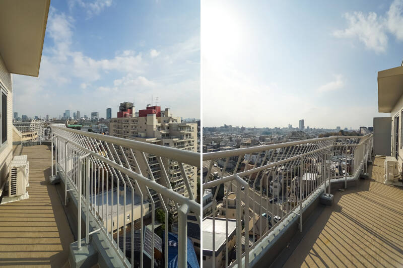 バルコニーは住戸の南東側いっぱいに広がっており、LDK、洋室Ａ、洋室Ｂのどこからでもアクセスできます。