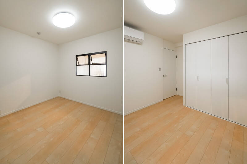 <b>左・</b>洋室Ｃは外に面した窓は無く、その代わりにLDKに面した型ガラスの室内窓が備わっています。／<b>右・</b>収納は大小のクローゼットがひとつずつ。さりげなくエアコン完備なのがうれしいですね。