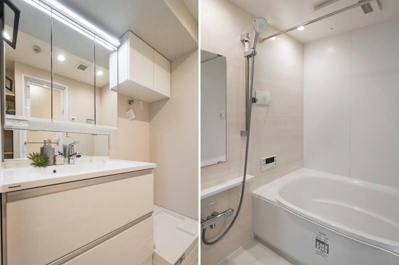 洗面化粧台、バスルーム（1416サイズ）ともに、家族で快適に使えそうな余裕ある大きさです。洗面化粧台の向かい側に、リネン庫によさそうな棚が備わっているのも便利なポイントです。