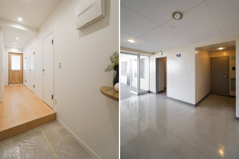 <b>左・</b>造り付けの靴箱がないおかげで、玄関は見通しがよく開放的な印象です。鍵や花などを置ける小さなコーナーラックが備わっているのがGOOD！ なお、ドアは手前から順にSIC、水まわり、トイレのものです。／<b>右・</b>住戸は13階でエレベーターを降りてすぐの場所に。写真右奥に見えているのが玄関扉です。