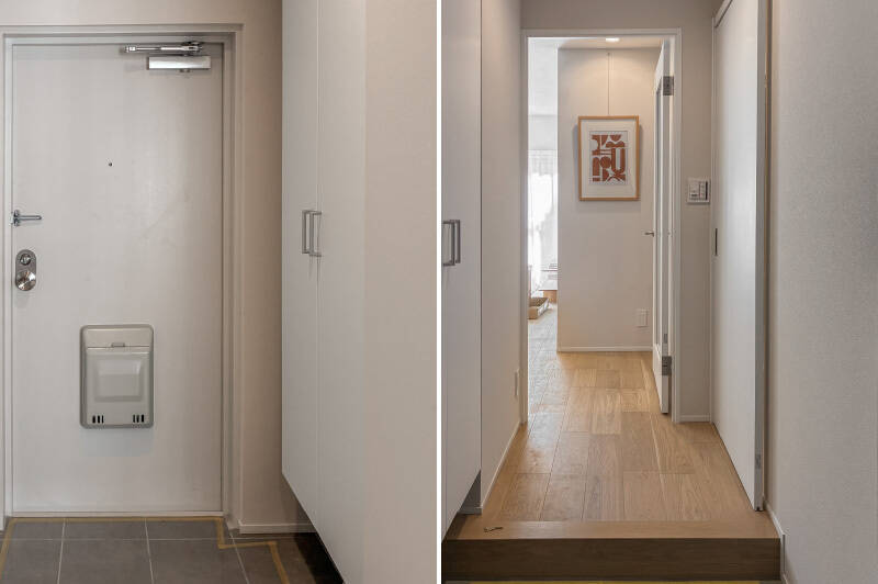 まずは玄関まわりから。トールタイプのシューズボックスを設けた、シンプルな造りです。