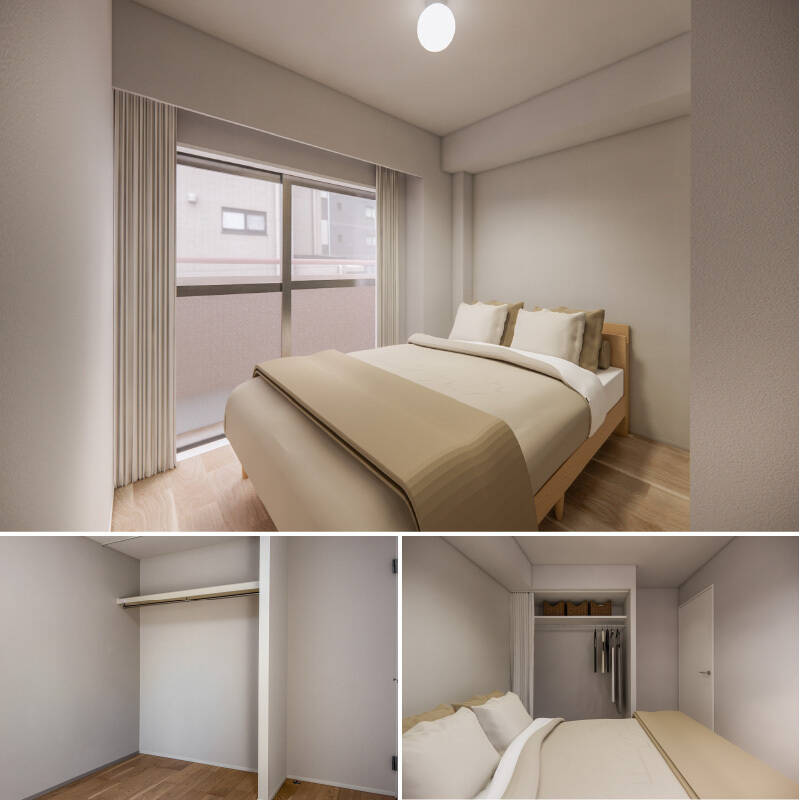 洋室はダブルベッドを置ける広さを確保します。オープンタイプの収納は、お好みのリネンで目隠しできるよう、上部にはカーテンレールを設置します。(上・右下はCGイメージ)