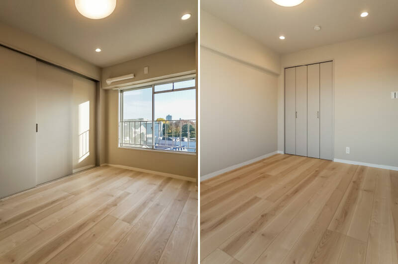 <b>左・</b>LDKに隣接する洋室Aは扉を閉めるとこんな感じ。／<b>右・</b>折れ戸2枚分の収納付きです。