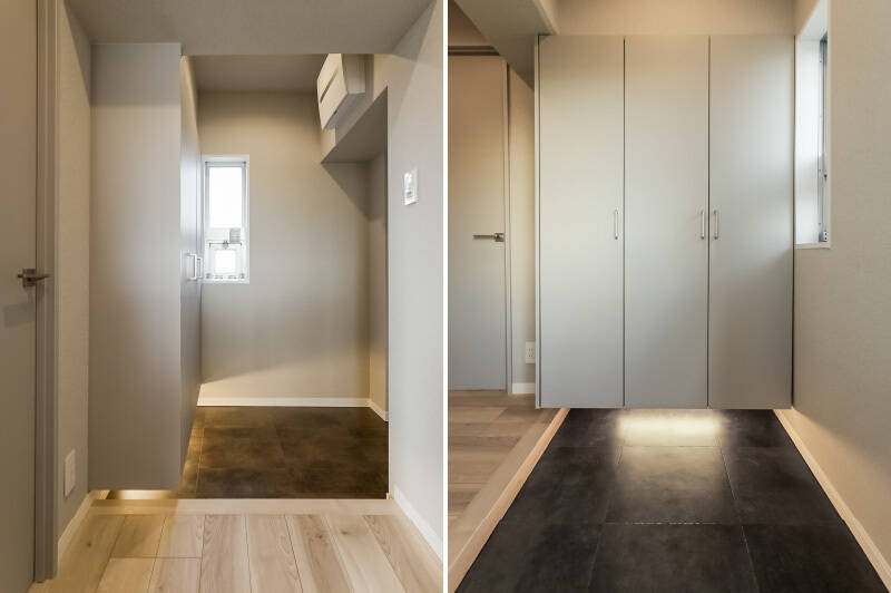 玄関にはトールサイズのシューズボックスを設置。足元の照明や小窓から差し込む光が玄関まわりをふわっと照らします。