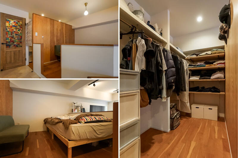 <b>左上・</b>木製パネルの裏がウォークインクローゼット（WIC）になっています。／<b>左下・</b>ベッドスペースはLDKから一段高くなっています。4帖ほどのスペースで、ベッドを置いてもゆとりがあります。／<b>右・</b>WICもゆったりした広さでGOOD。正面は可動式の棚になっています。