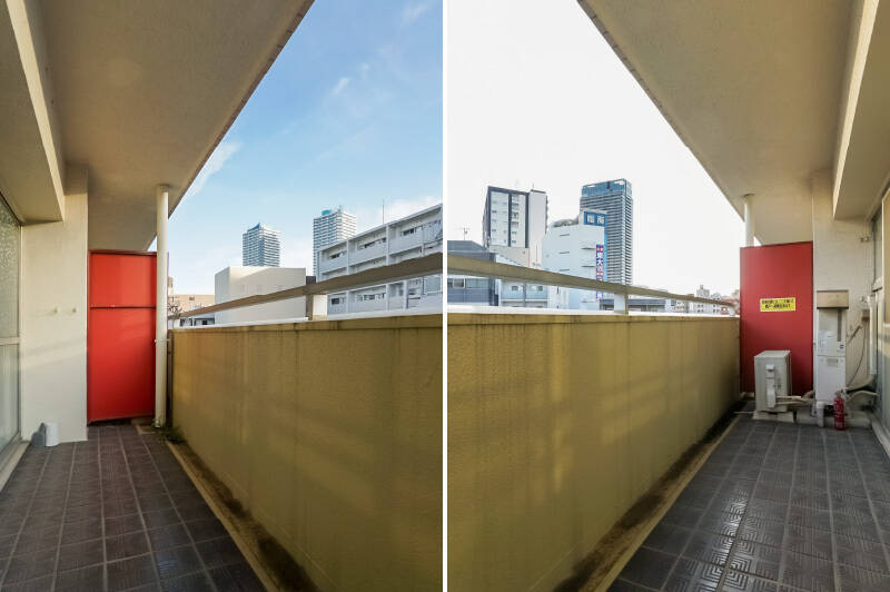 奥行きにゆとりのあるバルコニー。ベンチなどを置けそうな広さです。物干し金具はないため、置き型の物などで工夫の必要があります。