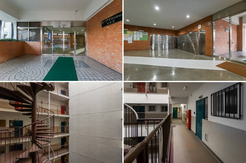 <b>左上・</b>床のタイルが可愛いエントランスアプローチ。／<b>右上・</b>エントランスには宅配ボックスが備わっています。／<b>左下・</b>吹き抜けの非常階段は螺旋階段でカッコイイ！／<b>右下・</b>共用廊下。右手扉が今回ご紹介する住戸です。