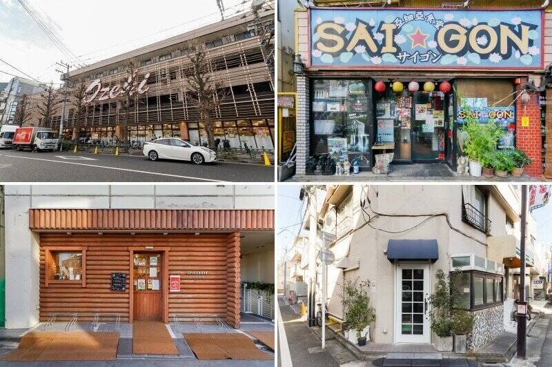 <b>左上・</b>生鮮食品の品揃えが豊富なスーパー「オオゼキ上町店」。駅前にあるので、日常使いに便利です。（徒歩3分）／<b>右上・</b>外観が印象的な「亞細亞食堂サイゴン 上町店」。美味しいエスニック料理をいただきながら、世田谷線を眺めることができますよ。（徒歩3分）／<b>左下・</b>ベーカリー「サンセリテ 北の小麦」。筆者のおすすめは “バターがたっぷり入った塩パン”。ご賞味あれです！（徒歩1分）／<b>右下・</b>「おかしと喫茶トロッコ」。撮影時はあいにく営業時間外でしたが、営業時は出窓が開き、街の様子を眺めながら店内で季節の焼き菓子を頂くことができます。（徒歩2分）