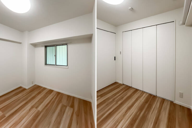 西向きの窓は共用廊下に面しています。ほぼ壁一面分の大きさがある収納を備えていますよ。