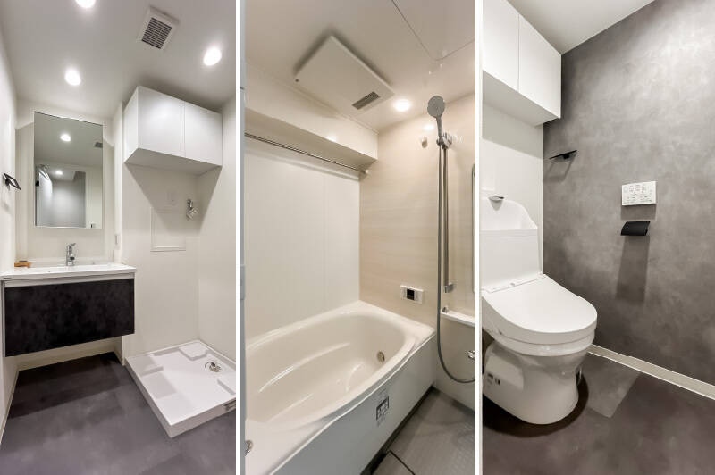 <b>左・</b>洗面台はスッキリとした印象のフロートタイプ。／<b>中央・</b>ユニットバスは、追い焚き・浴室乾燥機付き。／<b>右・</b>スモーキーグレーのアクセントが効いたトイレ。