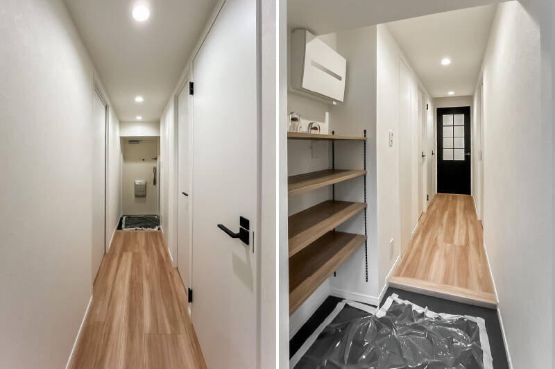 廊下には玄関にある可動タイプのシューズラックのほか、もう1箇所収納を設けています。
