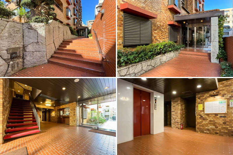 <b>左上・</b>建物の南側は、石造りの壁面と階段で構成された立派なアプローチ。北側はスロープになっています。／<b>右上・</b>オートロック付きのエントランス。／<b>左下・</b>共用ロビーのシャンデリアや赤絨毯敷きの階段など、美しい意匠に目を惹かれます。／<b>右下・</b>各フロアにはエレベーターでアクセスします。