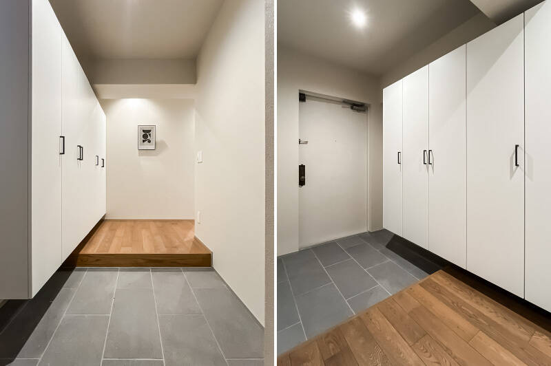 玄関扉を開けると、余裕を感じる広さのホールが出迎えます。シューズボックスはトールタイプのものをたっぷりと用意。靴以外にこまごましたアイテムの収納場所としても利用可能です。