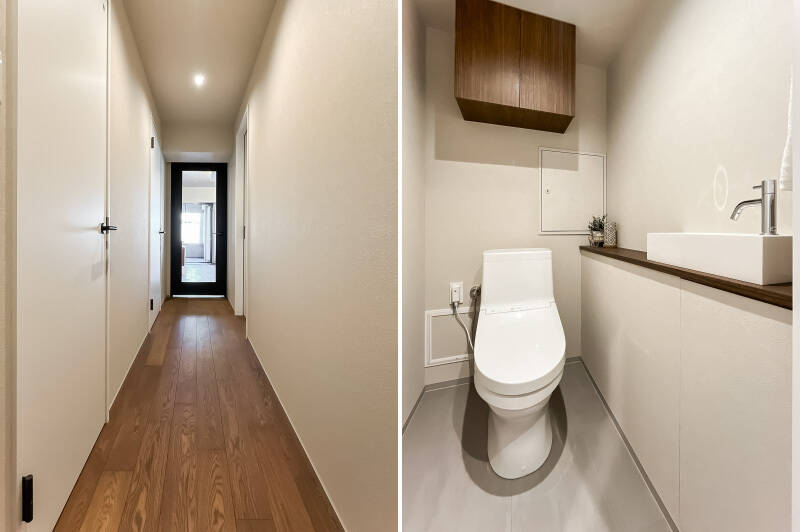 <b>左・</b>洋室Cの扉を背にしてLDK側を見たカット。／<b>右・</b>トイレには廊下からアクセスする間取り。手洗いカウンターを設置しています。