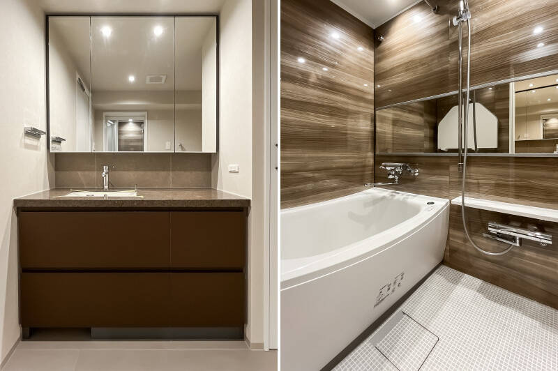 <b>左・</b>洗面台はワイドなデザイン。写真では見切れていますが、すぐ横にはタオル類の収納にぴったりなクローゼットを設置しています。／<b>右・</b>ユニットバスは1116サイズを採用。大人ひとりが十分に入浴できる広さですが、ややコンパクトですので、バスタイムにこだわりのある方はご留意くださいね。