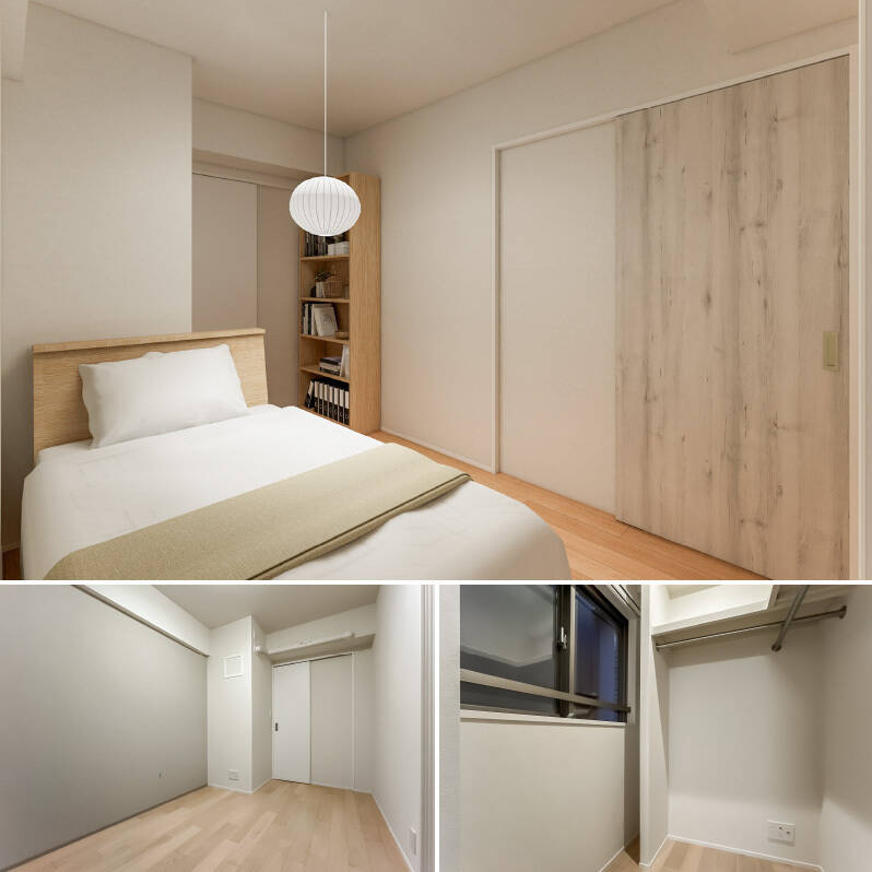 <p><b>上・</b>サービスルームはベッドと収納家具を置けるくらいの広さ。こちらのCGイメージでは、シングルサイズのベッドを配置しています。／<b>左下・</b>左手の壁にはグレーのアクセントクロスが貼られています。／<b>右下・</b>クローゼットとは別に、引き戸でアクセスする大型のウォークインクローゼット（WIC）があります。</p>