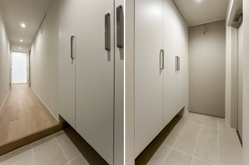 <b>左・</b>玄関扉を背にして廊下を見たカット。リビングとの間はガラス戸です。／<b>右・</b>シューズボックスはトールサイズです。正面奥の壁にはアートなどを飾れるようになっていますよ。