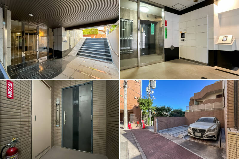 <p><b>左上・</b>3階部分に位置するエントランスへは、スロープ付きの階段を下ってアクセスします。／<b>右上・</b>エントランスはオートロック・宅配ボックス付き。管理人さんは週5日間、8:30〜12:30まで勤務されています。／<b>左下・</b>住戸は共用廊下から奥まっており、プライバシー性◎／<b>右下・</b>2025年10月時点で、敷地内の駐車場と自転車置き場にはいずれも空きがあります。</p>