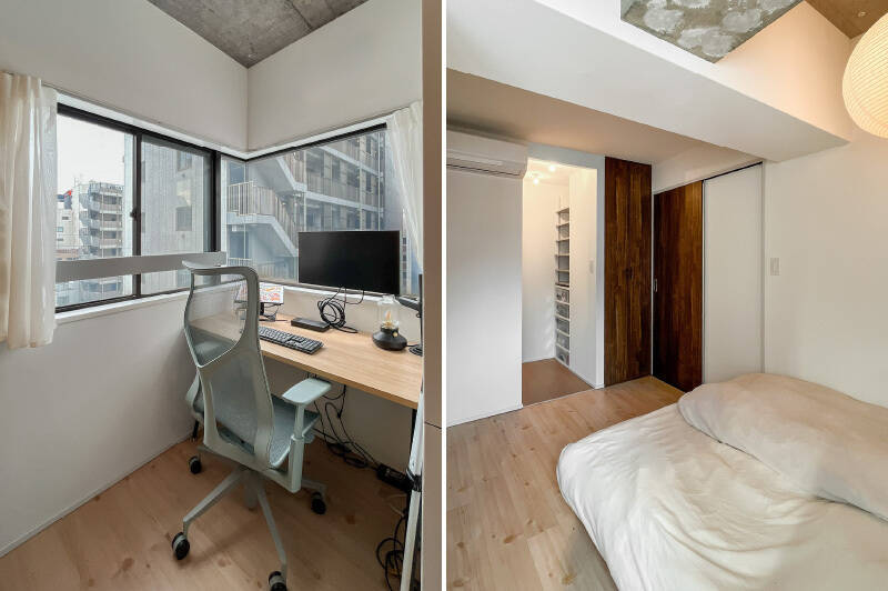 <b>左・</b>開放的なコーナーサッシ。現在のようにデスクを置けば、お仕事中ふと外に目をやってリラックスできそう。／<b>右・</b>扉のない間口の先へ進むと……