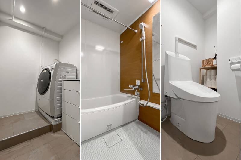 <b>左・</b>洗面台をLDKに出すことで、脱衣所と洗濯機置き場だけのスッキリとした空間に。／<b>中央・</b>壁が木目調のユニットバス。／<b>右・</b>トイレは玄関の隣に独立しています。