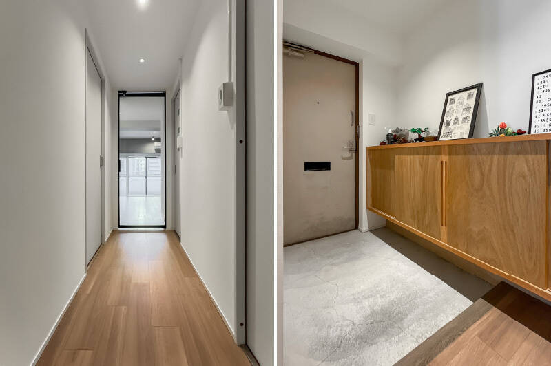 <p><b>左・</b>LDKとの間の扉はガラス戸で、玄関も明るい印象です。／<b>右・</b>家具のように美しいフロートタイプの下足入れ。カウンター上も飾り棚として活用できそう。</p>