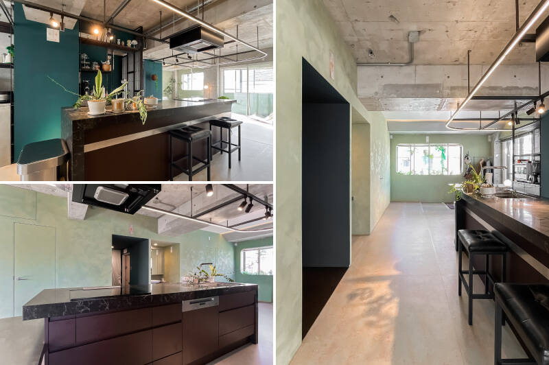 <b>左上・</b>天板には、傷に強く重厚感ある「シーザーストーン」を採用。家電類は背面の造作棚に、冷蔵庫は視界に入りにくい壁裏へすっきり配置できる設計です。／<b>左下・</b>3口のIHクッキングヒーター付きで、ドイツ製の「Miele（ミーレ）」社の食洗機をビルトイン。／<b>右・</b>通路の幅にはゆとりがあり、動線がスムーズです。