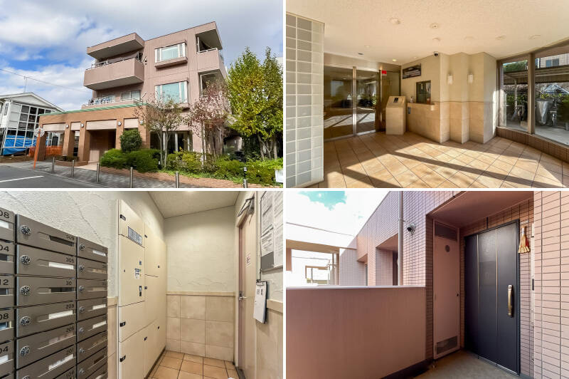 <b>左上・</b>竣工は2003年、総戸数31戸・地上3階建ての低層レジデンスです。/<b>右上・</b><b>右下・</b>オートロックと宅配ボックスを完備。オートロック手前の管理人室には、週5日間午前中を中心に管理人さんが勤務されています。/<b>右下・</b>ご紹介した住戸は最上階の3階所在。