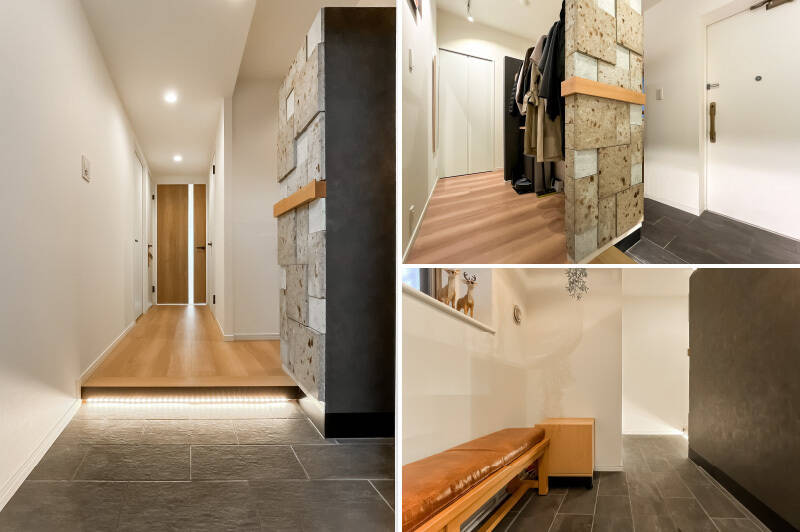 スペースにゆとりある玄関まわり。中央にハンガーラック、玄関を入って右手にシューズボックスと収納が設置されています。シューズボックスには天井埋込形のナノイー発生機が備わっており、気になるニオイを脱臭してくれます。