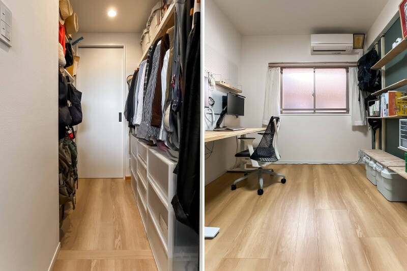 <b>左・</b>衣類をまとめて収納できるWTC。こちらにも天井埋込形のナノイー発生機が設置されています。/<b>右・</b>WTCを抜けると、その先に洋室Bが続きます。窓は共用廊下の吹き抜けに面しており、前を人が通ることはありません◎