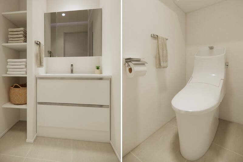 <b>左・</b>洗面台はシンプルなデザイン。横にはタオルなどを収納できる棚があります。/<b>右・</b>トイレには洗面室からアクセスする間取りです。