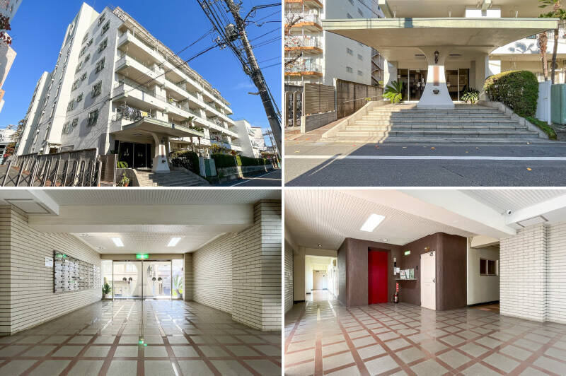 1969年に竣工した、地上7階建てのマンション。エントランス中央に鎮座するガス灯を模したライトなどレトロな雰囲気が漂う建物で、共用ロビーはきれいに改修済みです。