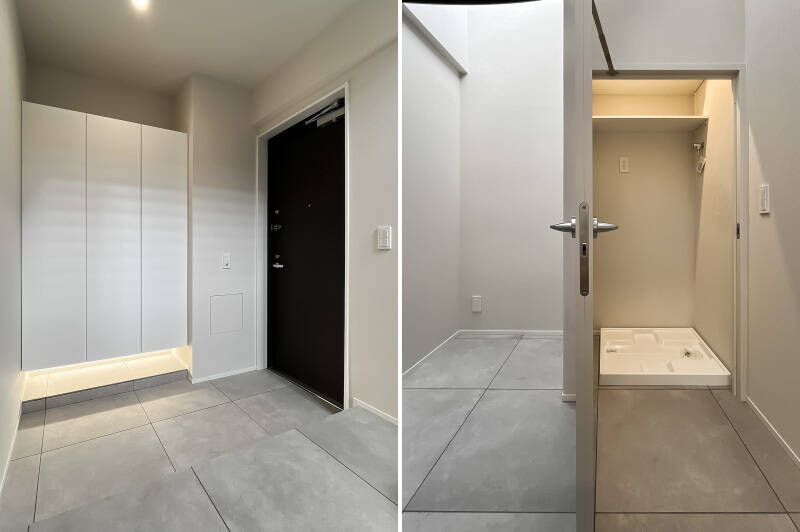 <b>左・</b>土間はゆとりある広さ。トールサイズのシューズボックスを設置済みです。/<b>右・</b>階段下にある扉の中は洗濯機置き場。横のスペースには電源があり、洗濯を終えたアイテムの整理やアイロンがけの場所としてもちょうどよさそう。