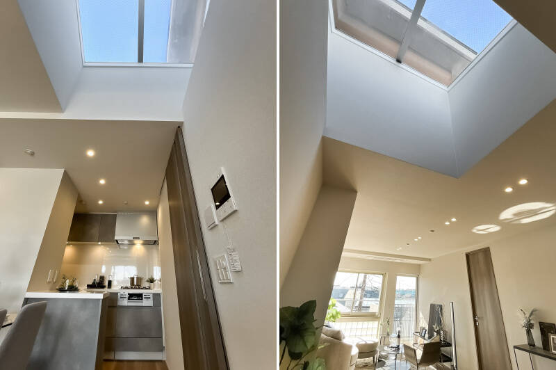 キッチン近くから天窓を見上げたカット。室内から空が見える開放感、すごいです!