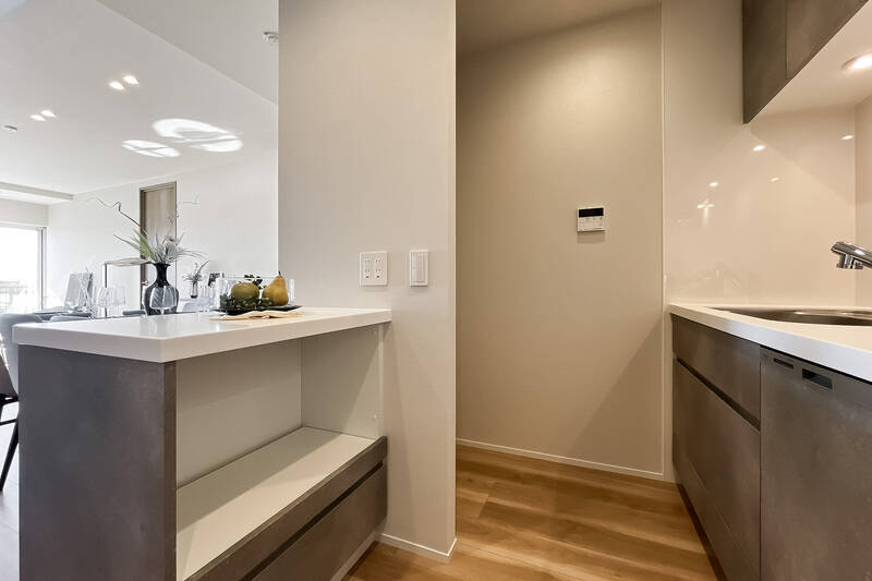 背面には調理家電用の棚と冷蔵庫置き場が。料理をサーブするカウンターのようにも使えます。