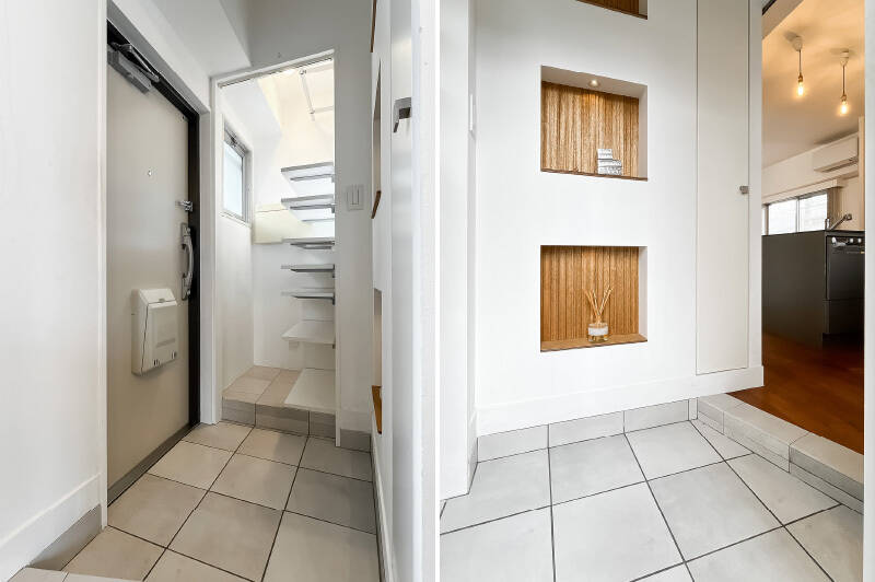 <b>左・</b>玄関横には可動棚とハンガーパイプを設えたスペースがあり、ちょっとしたシューズインクローゼットのよう。／<b>右・</b>玄関扉を背にして正面のニッチ収納にはそれぞれスポットライトが付いているので、インテリアをきれいに飾れます。