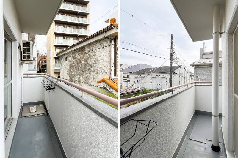 Ｌ字のバルコニー。物干し金具は南側に備わっています。