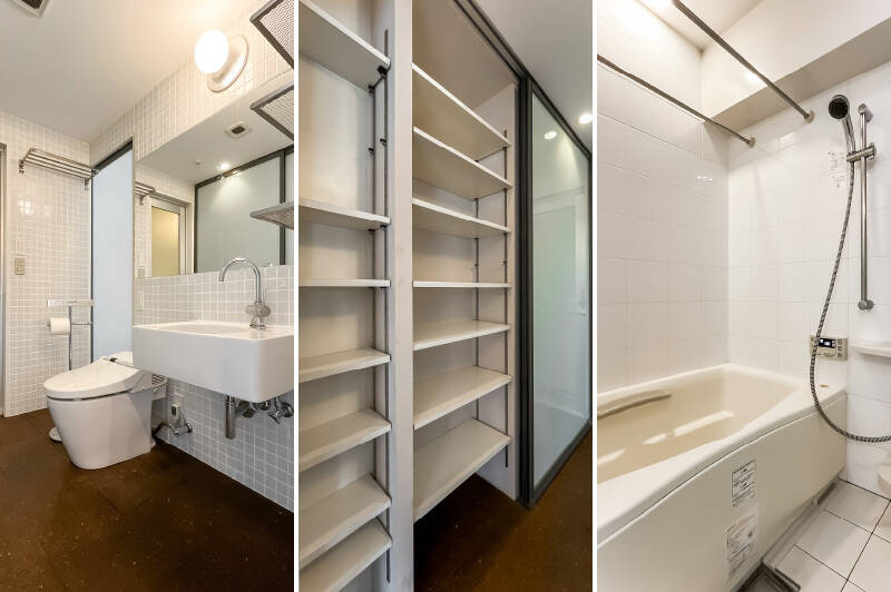 <b>左・</b>洗面台とトイレは2in1仕様。ウォシュレットの操作盤とペーパーホルダーが一体となったスタンドや正方形タイル貼りの壁など、ユニークなデザインです。／<b>中央・</b>背面にはまたまた大きな収納が。写っていませんが、洗濯機置き場も引き戸の中に隠れています。／<b>右・</b>追焚き機能付きの浴室。壁には大判タイルがあしらわれています。