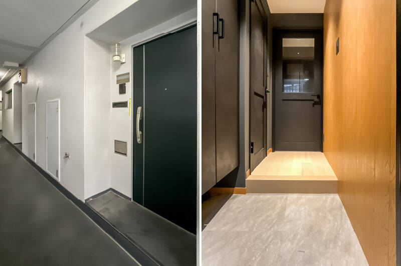 <b>左・</b>玄関ドアは2018年にマンション全体で交換済み。/<b>右・</b>ブラック、木目、グレーが基調のシックな空間が出迎えます。