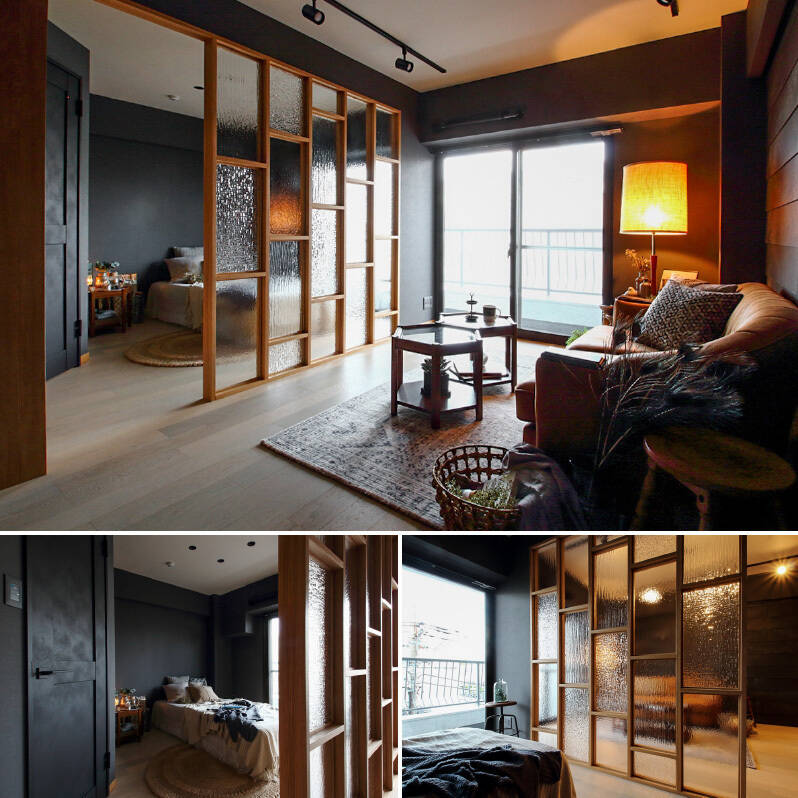 <b>上・</b>型ガラスの間仕切りは床まで続くサイズ感。/<b>左下・</b>ディプレイのように壁側を頭にベッドを設置することも可能です。/<b>右下・</b>光の反射が美しく、リビングの見え方も素敵。(いずれも2020年撮影)