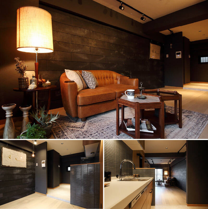 <b>上・</b>リビングダイニング(LD)の天井にはライティングレールとスポットライトが設置されています。/<b>左下・</b>LDとキッチンの間にはわずかな段差が。キッチン側面にもタイルがあしらわれています。/<b>右下・</b>縦に長いLDKのため、家具の配置がしやすそうです。(いずれも2020年撮影)