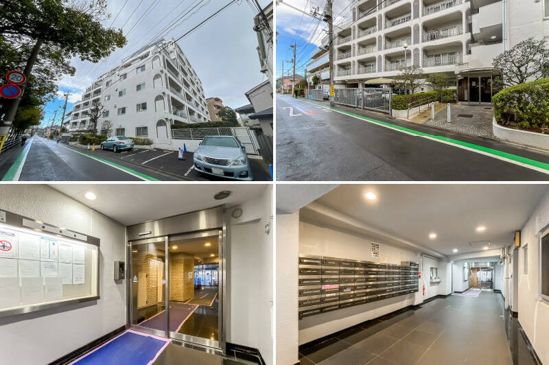 <b>左上・</b>幕が外れた工事前のお姿はこちら。アーチが多用された可愛らしい外観です。/<b>右上・</b>植栽で彩られたエントランス。/<b>左下・</b>オートロックを完備。/<b>右下・</b>管理人さんは週5日間、朝から夕方まで勤務されています。