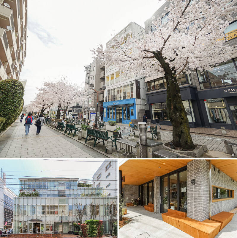 <b>上・</b>駅前を走る「九品仏川緑道」。ずらりと並ぶベンチはショッピング中の休憩場所にぴったり。春には桜並木が楽しめます。(徒歩2分)/<b>左下・</b>センスのいい生活雑貨店が多いのが街の特徴。「IDEE SHOP 自由が丘」はふらりと立ち寄りたくなるスポットです。(徒歩7分)/<b>右下・</b>どこに行こうか迷ってしまいそうなほどカフェも充実。「ONIBUS COFFEE 自由が丘店」はマンションから徒歩2分の場所にありますよ。