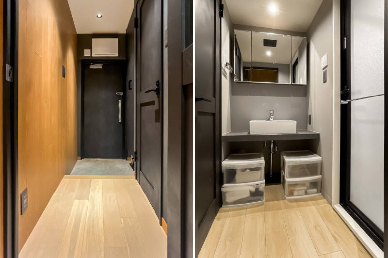 <p><b>左・</b>LDKを出て左を向いたカット。洗濯機置き場は背面の収納内に配置されています。/<b>右・</b>洗面脱衣室。スクエアの置き型ボウルが内装のイメージにぴったり。左がトイレ、右が浴室です。</p>