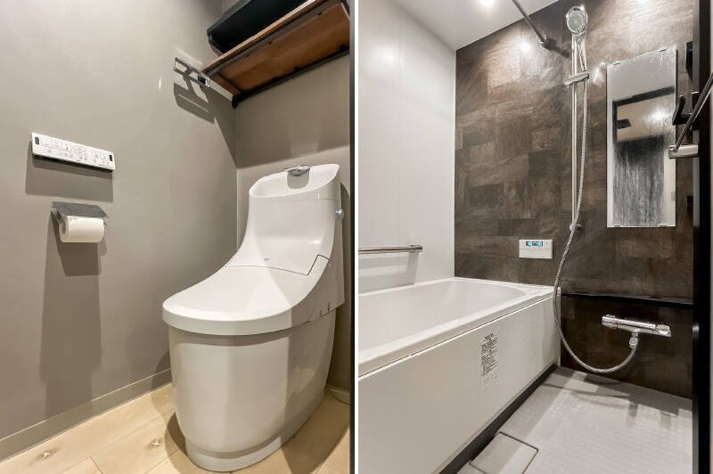 <b>左・</b>オープン棚が設けられたトイレ。/<b>右・</b>石調の壁面が内装とマッチしたユニットバス。